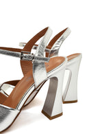 Women's Silver Ankle Buckle High Heel Metallic Leather Sandals | Derimod