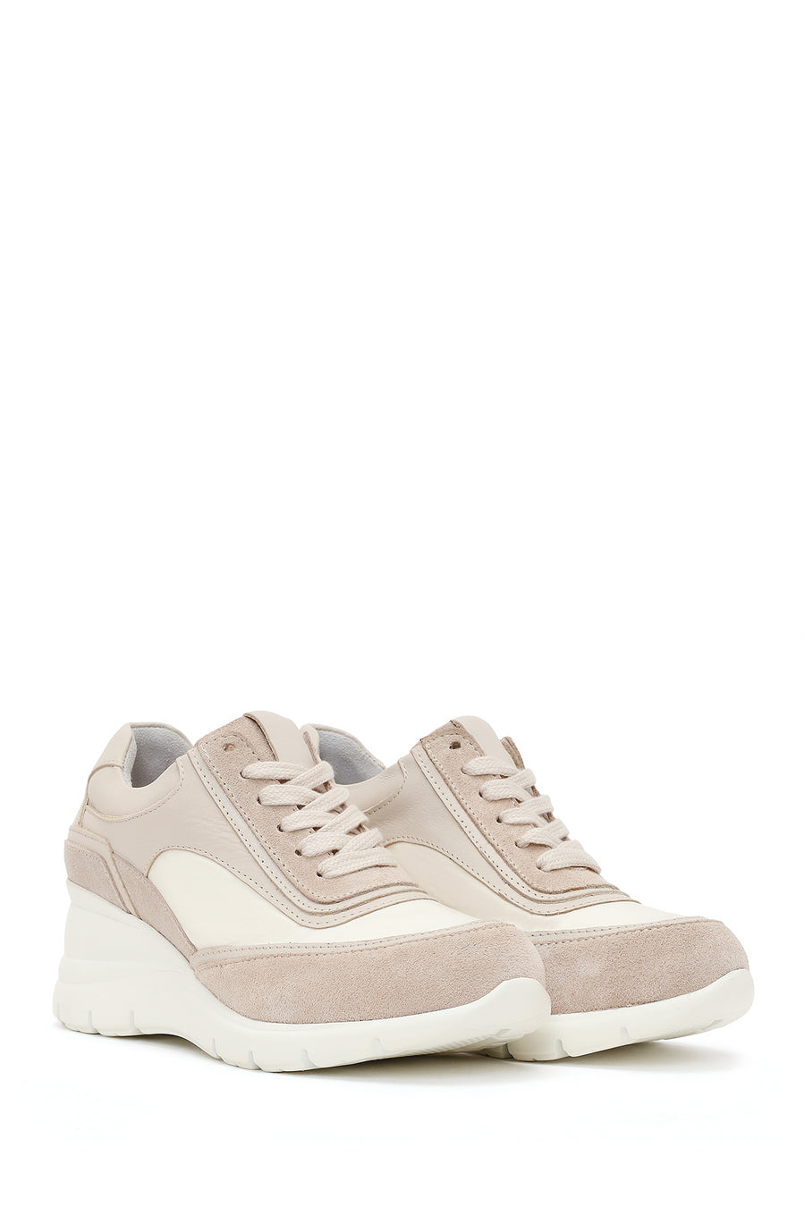 Woman Beige Lace-Up Wedge-Heel Suede Leather Sneaker