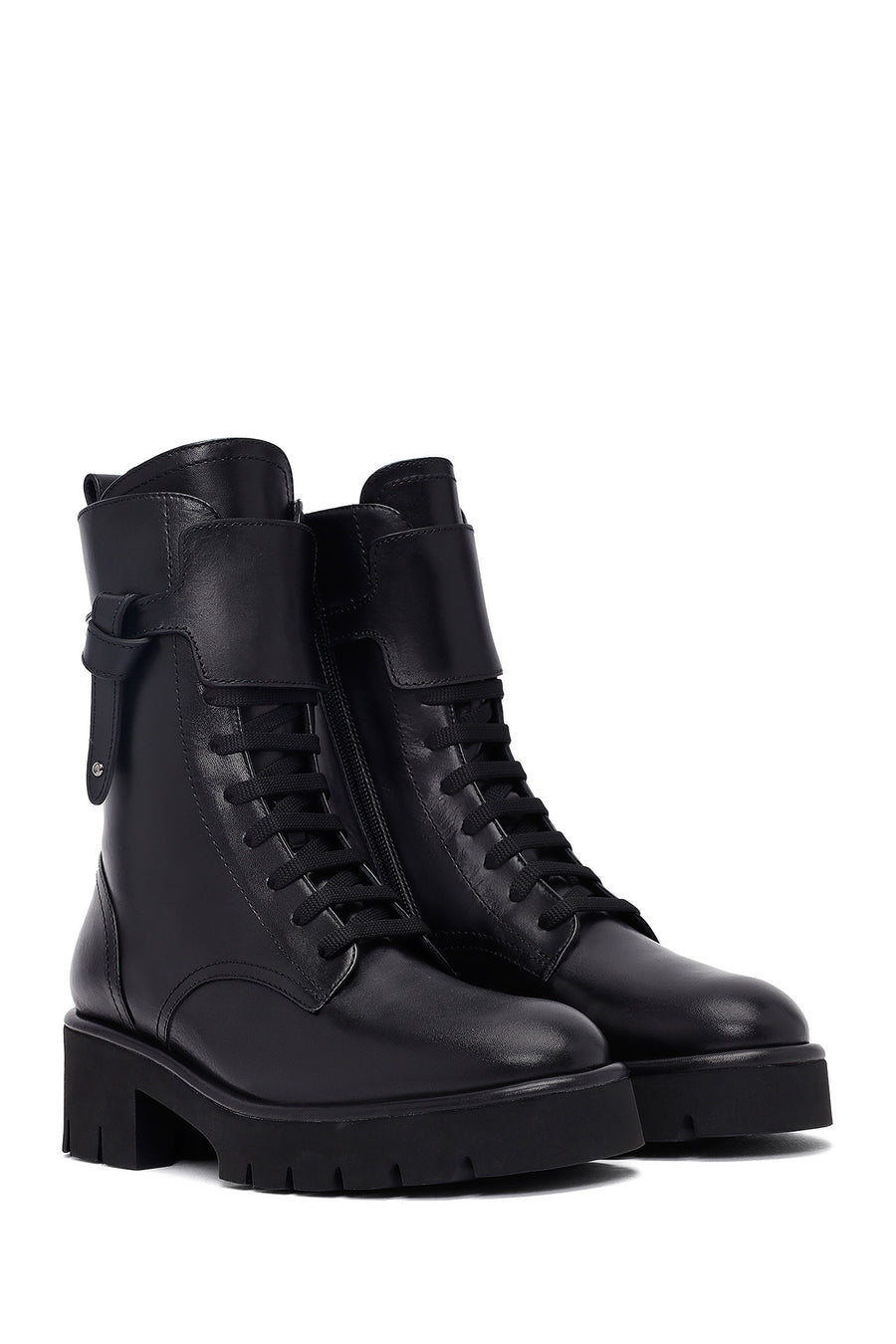 Women's Black Zippered Thick-Soled Leather Ankle Boots