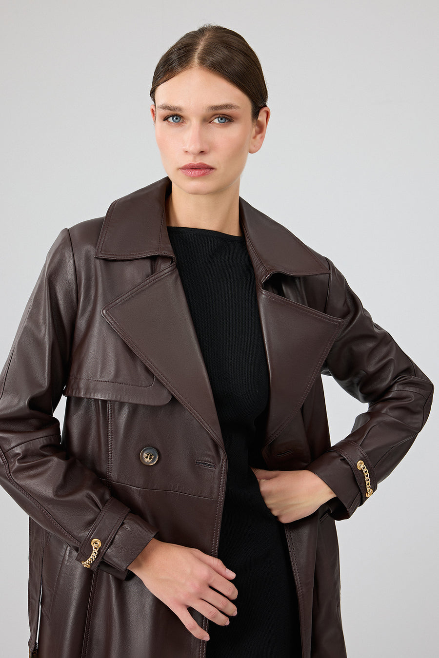 Jenny -X Women's Brown Belt Detailed Leather Trench Coat
