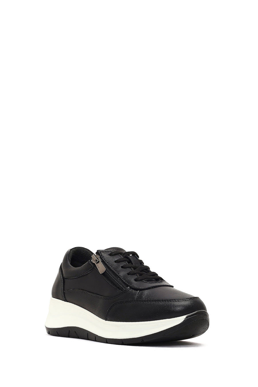 Kadın Siyah Bağcıklı Kalın Tabanlı Deri Sneaker