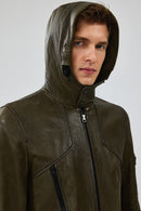 John Men's Green Hooded Leather Jacket | Derimod