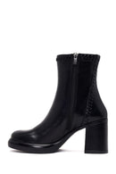 Woman Black Zip Closure Thick-Heeled Leather Boots | Derimod