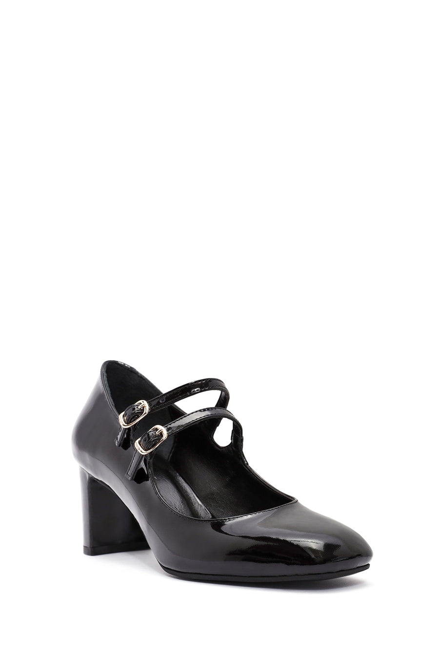 Women's Black Double Buckle Thick Heel Patent Leather Mary Jane Shoes