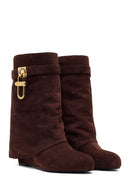Woman Brown Wedge-Heel Suede Boots | Derimod