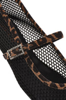 Women's Black Leopard Patterned Buckled Mesh Leather Ballerinas | Derimod