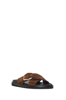 Woman Brown Suede Leather Slippers | Derimod