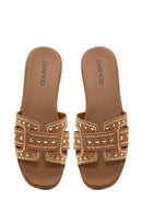 Women's Camel Studded Suede Slippers | Derimod
