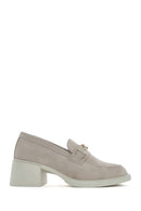 Women's Beige Buckled Thick Heel Suede Leather Masculine Loafer | Derimod