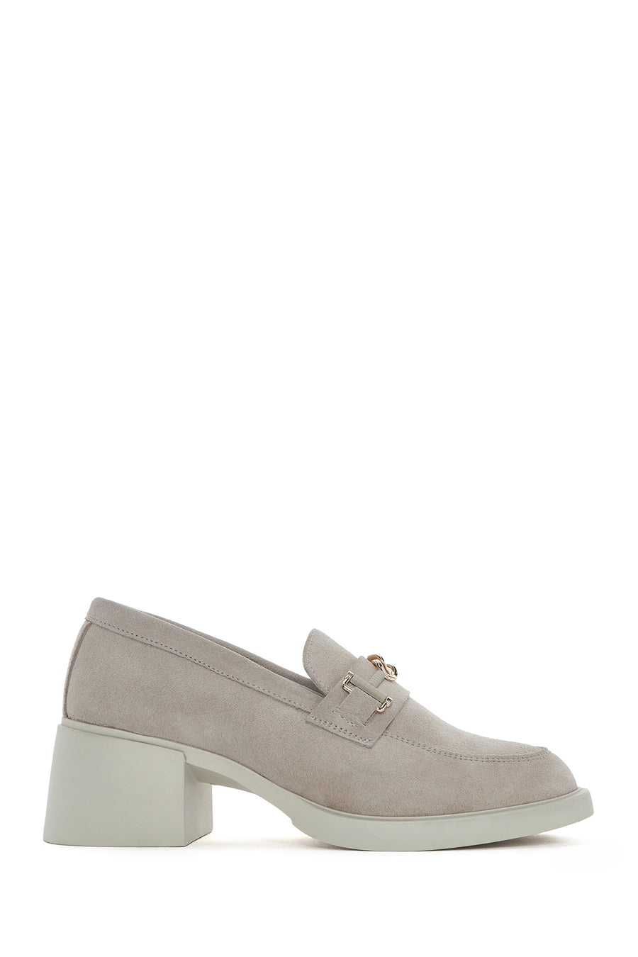 Women's Beige Buckled Thick Heel Suede Leather Masculine Loafer