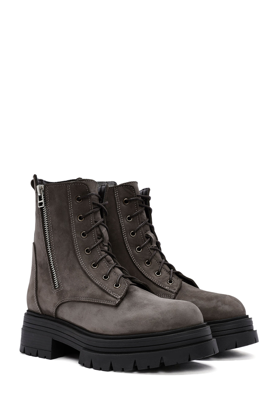 Women's Mink Lace-Up Double Zipper Detailed Thick-Soled Nubuck Leather Combat Boots