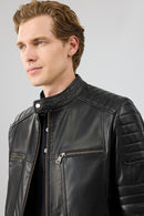 Morant Men's Black Mandarin Collar Leather Jacket | Derimod