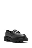 Women's Black Buckle Detailed Leather Masculine Loafer | Derimod