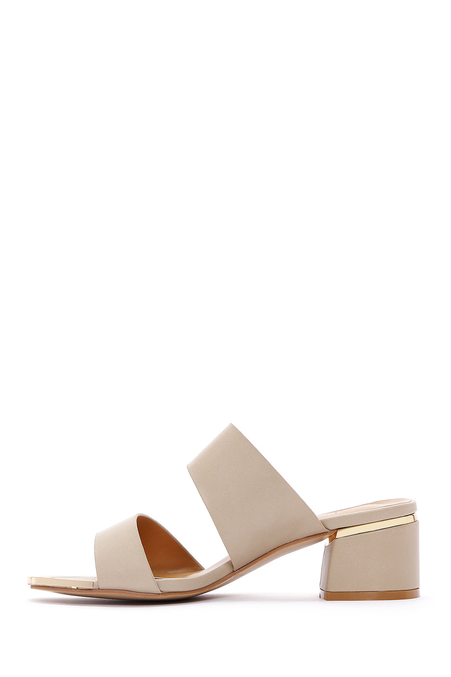 Women's Beige Short Thick Heeled Slippers