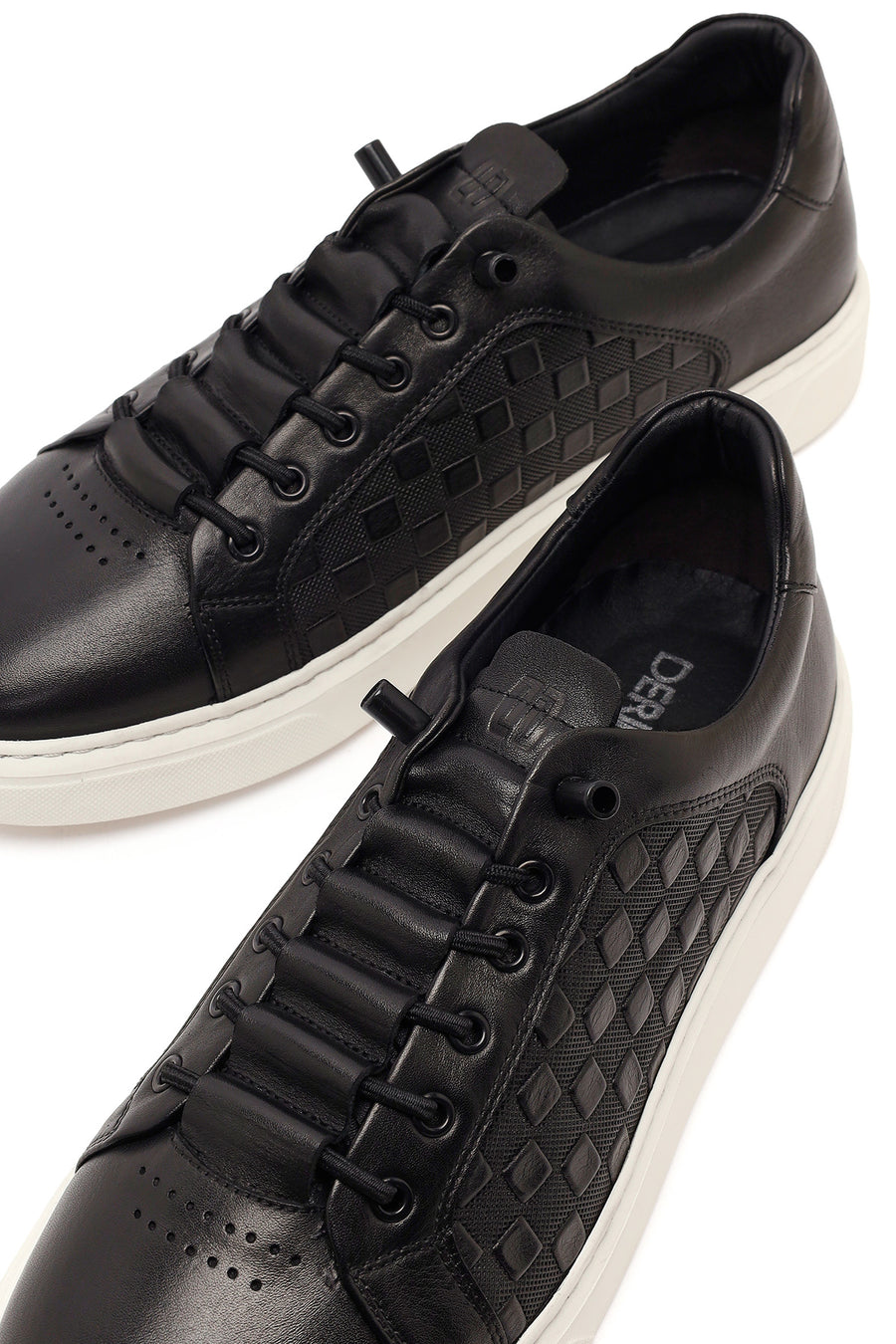 Erkek Siyah Bağcıklı Desenli Deri Sneaker