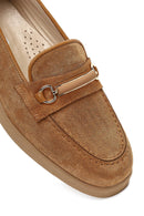 Women's Tan Buckled Suede Leather Comfort Loafer | Derimod
