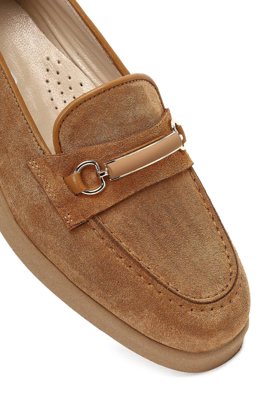 Women's Tan Buckled Suede Leather Comfort Loafer