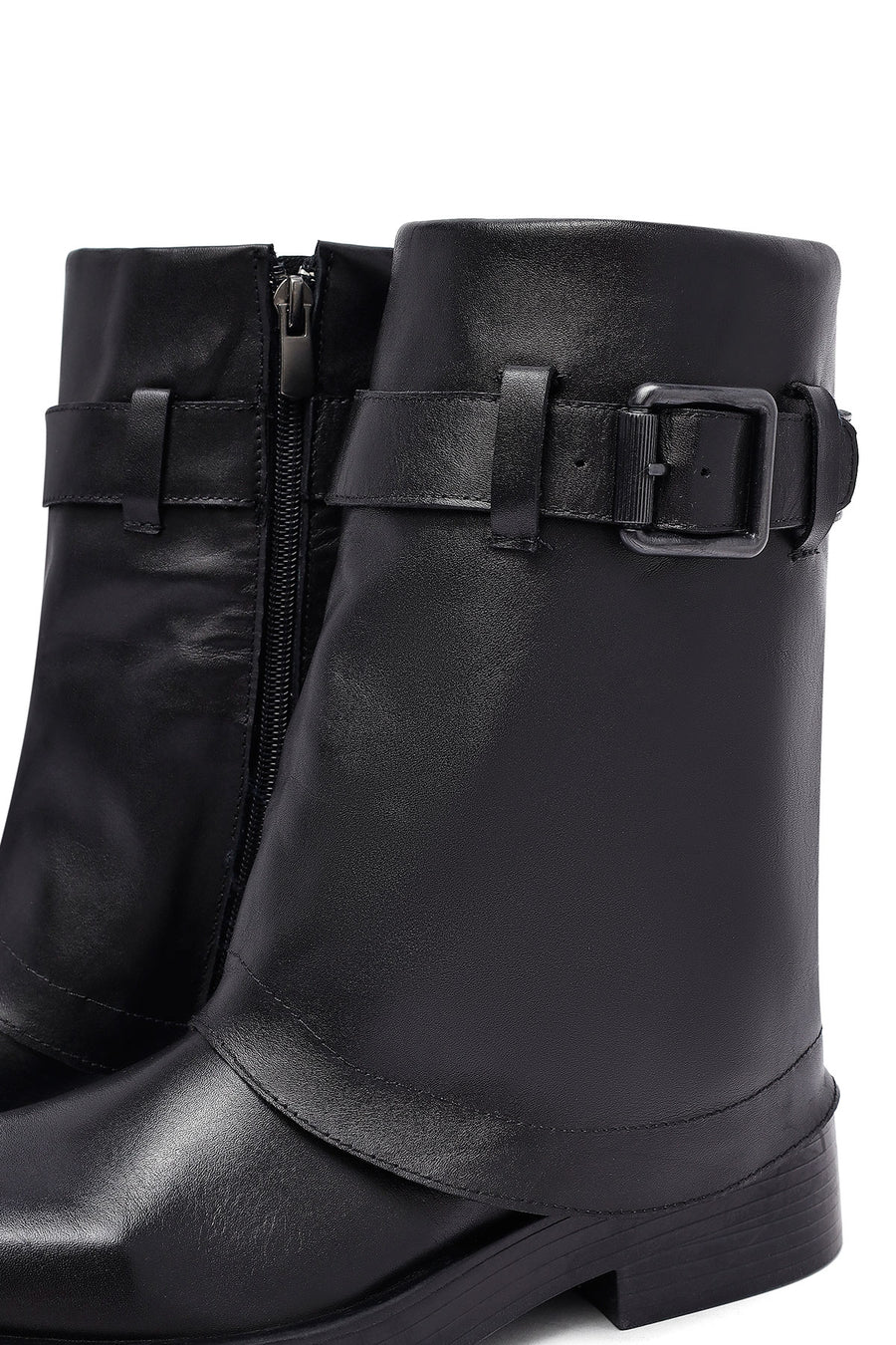 Women's Black Buckled Biker Leather Boot