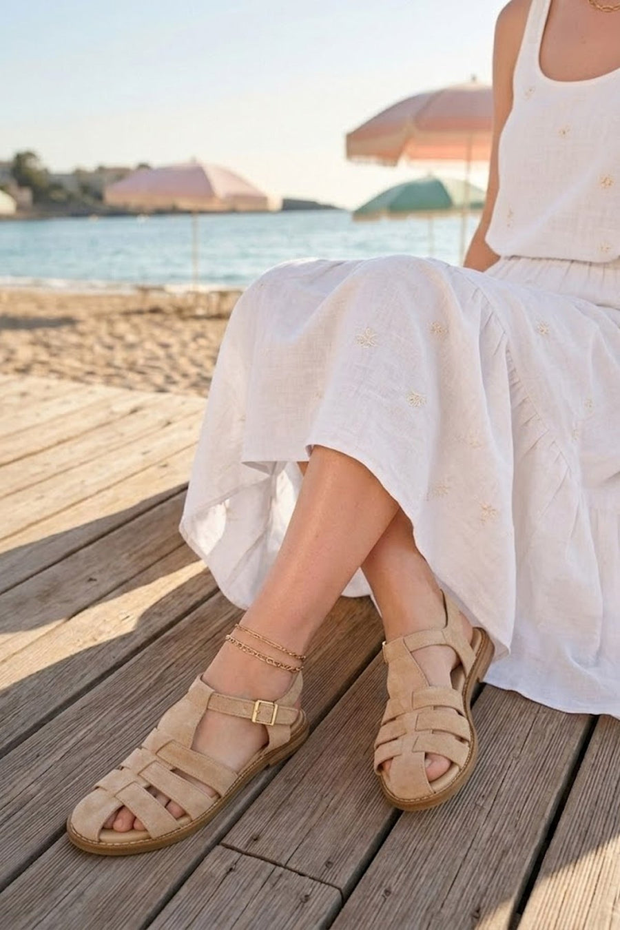 Woman Cream Buckled Ankle Suede Sandal