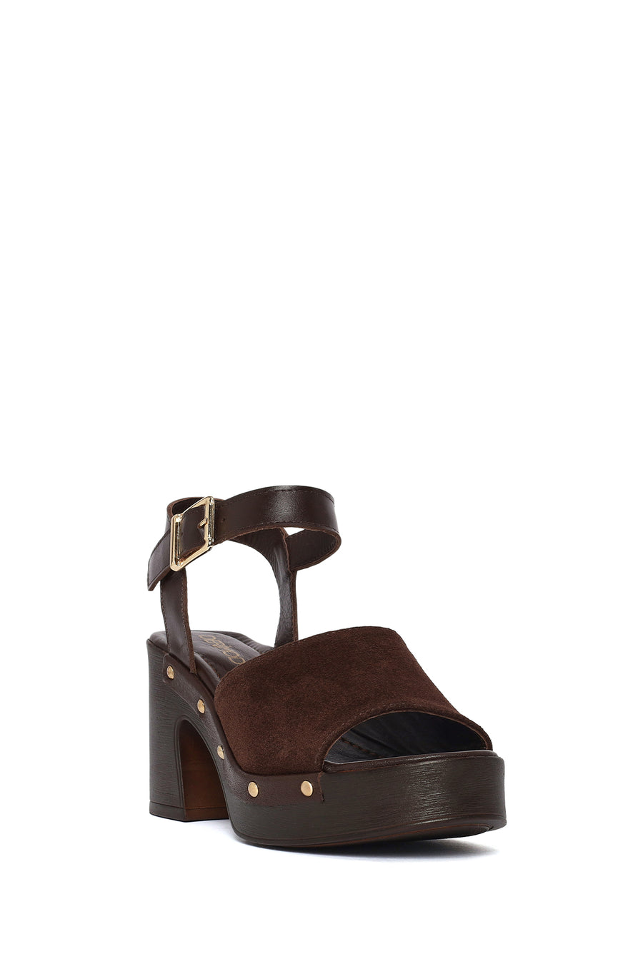 Woman Brown Ankle-Buckle Thick-Heel Suede Leather Sandals