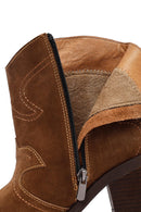 Woman Tan Suede Chunky Heel Leather Cowboy Boots | Derimod