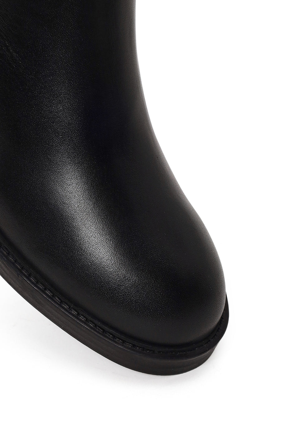 Woman Black Zip Closure Thick-Heeled Leather Boots