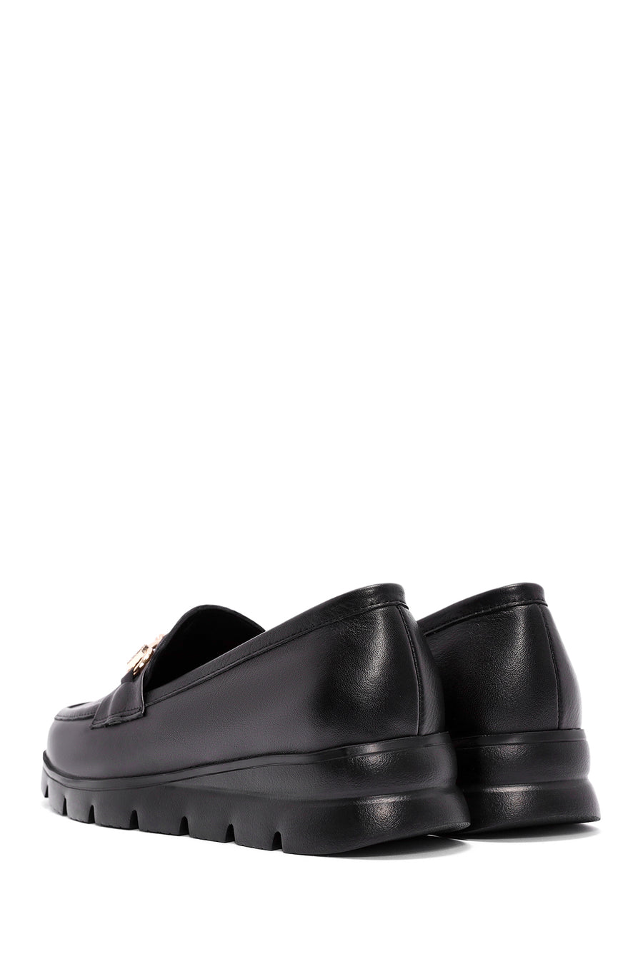 Woman Black Buckle Detail Leather Comfort Loafer