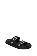 Woman Black Double-Buckle Leather Slipper | Derimod