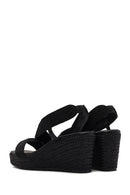 Women's Black Wedge Heeled Knitted Espadrille Sandals | Derimod