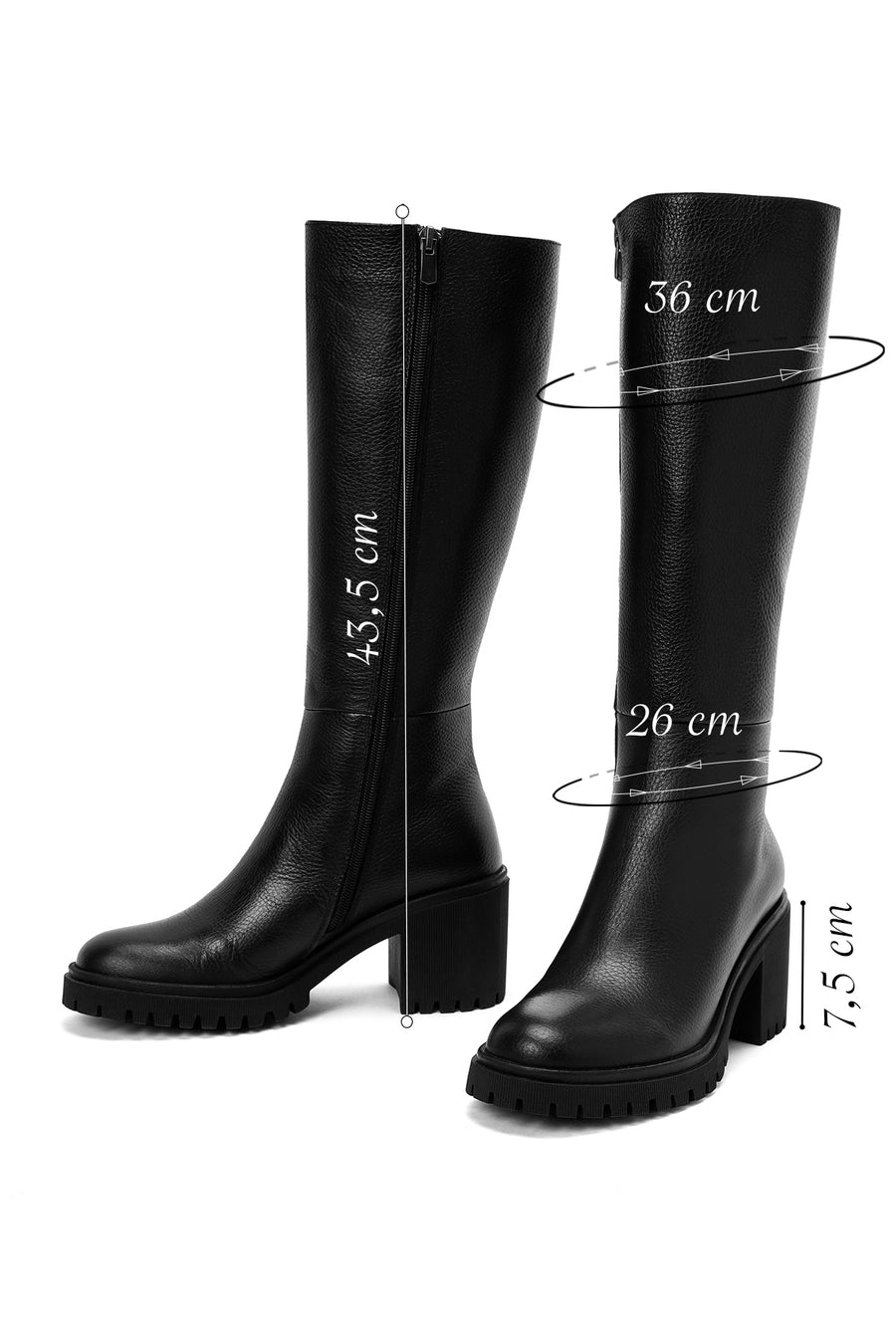 Woman Black Zip Closure Chunky Heeled Leather Boots