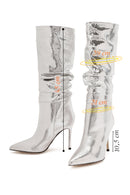 Women's Grey Thin Heel Metallic Leather Boots | Derimod