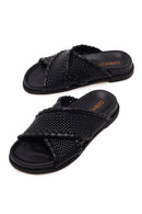 Woman Black Knitted Patterned Leather Slipper | Derimod