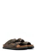 Men's Khaki Buckled Nubuck Leather Slippers | Derimod