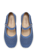 Woman Blue Buckled Patterned Suede Comfort Shoes | Derimod