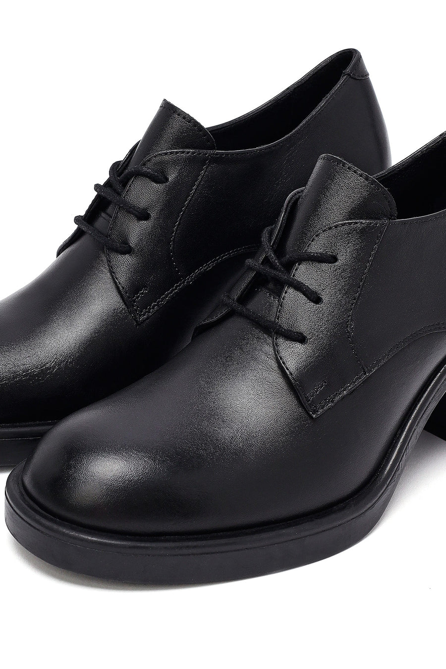 Woman Black Lace-Up Chunky Heeled Leather Masculine Shoes