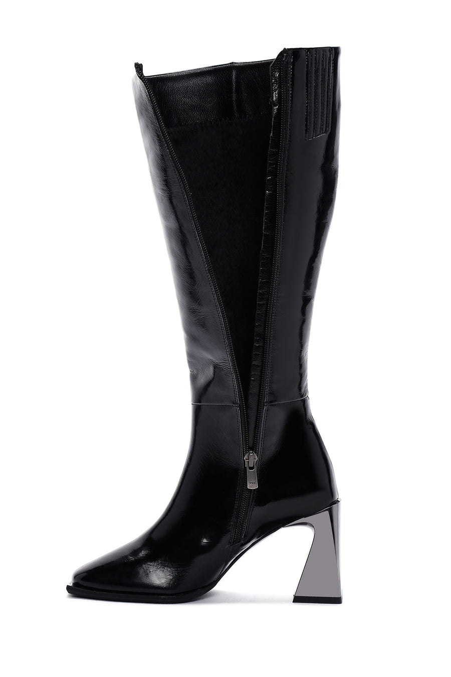 Women's Black Thick Heeled Zippered Patent Leather Boots