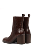 Woman Brown Zip Closure Chunky Heeled Leather Boots | Derimod