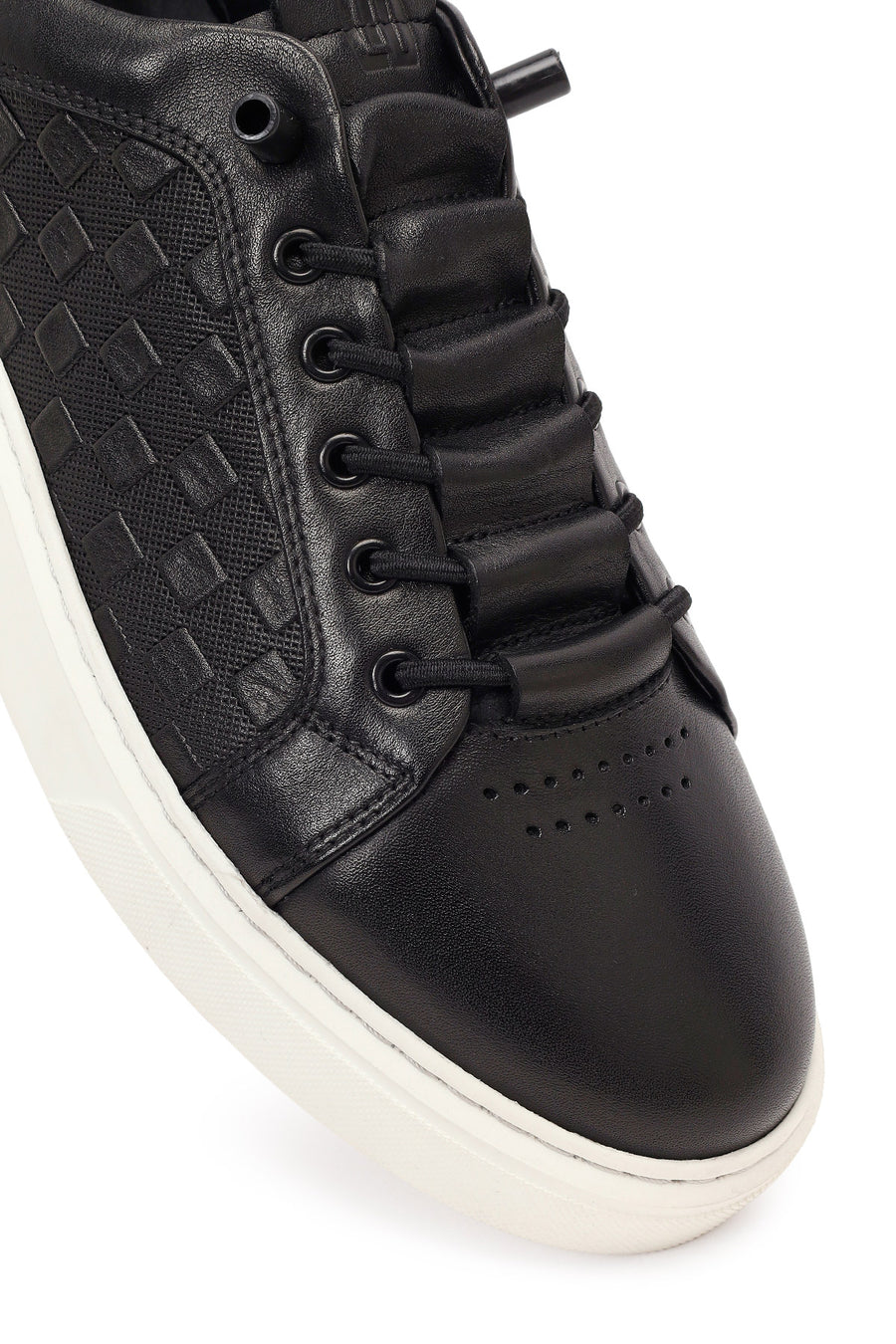 Erkek Siyah Bağcıklı Desenli Deri Sneaker
