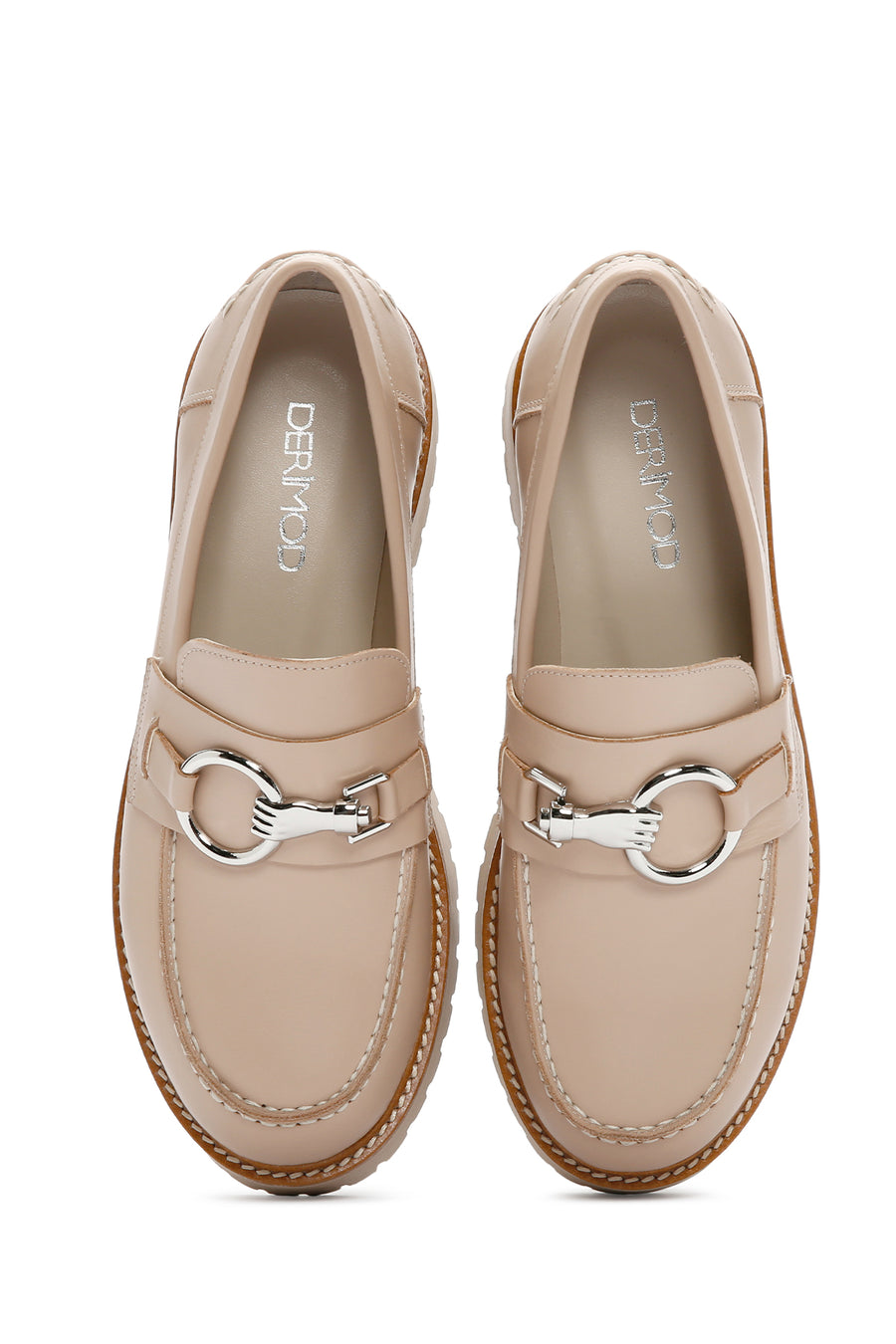 Women's Beige Thick Soled Leather Masculine Loafer