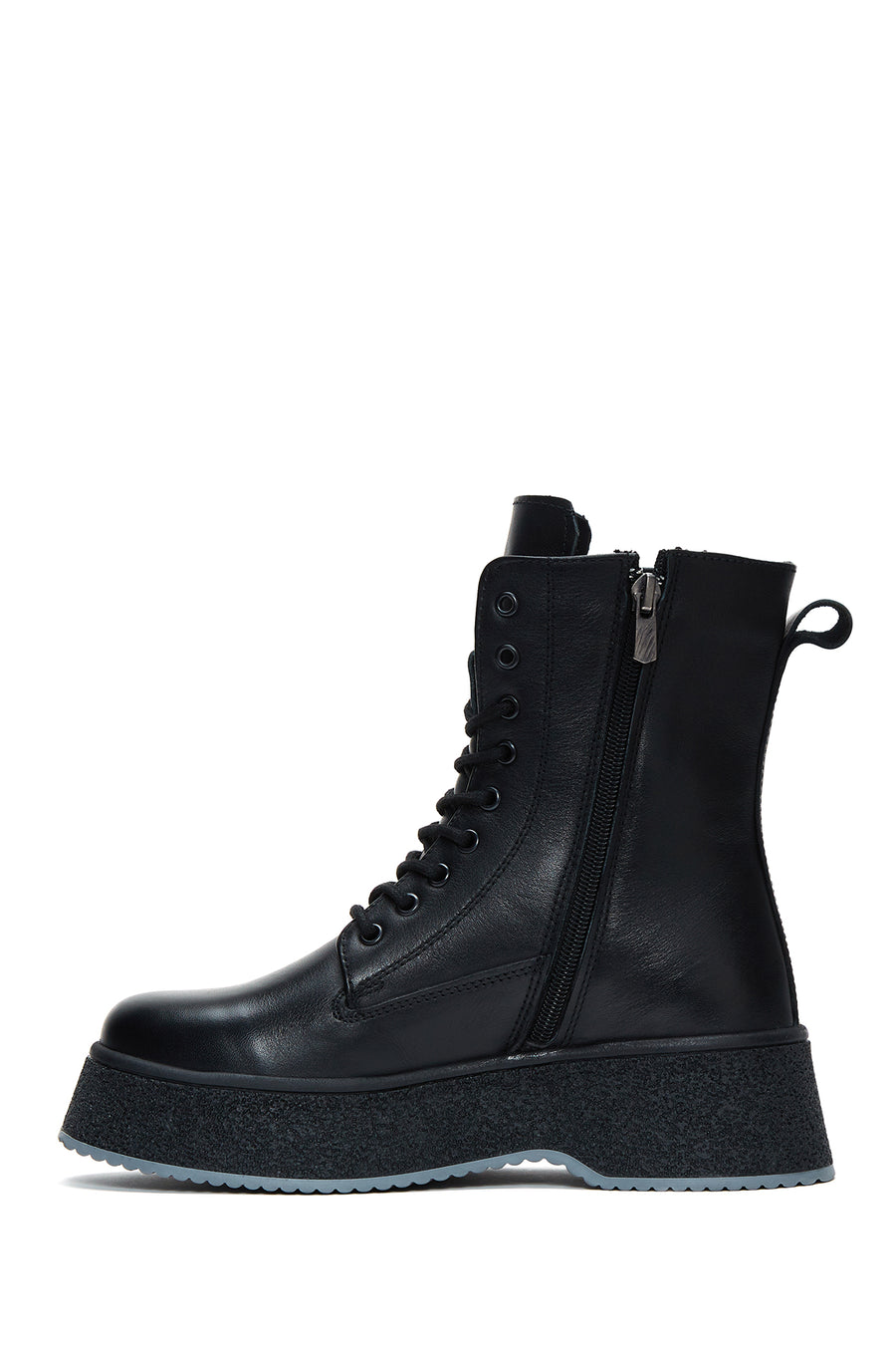 Women's Black Leather Zippered Thick Soled Leather Boots