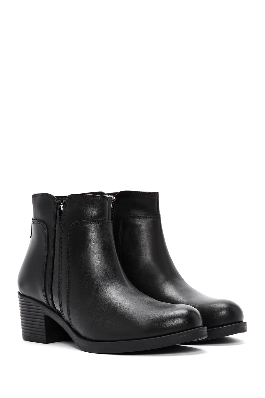 Women's Black Zippered Thick Heeled Leather Boots