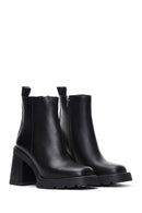 Women's Black Leather Heeled Zipper Boots | Derimod