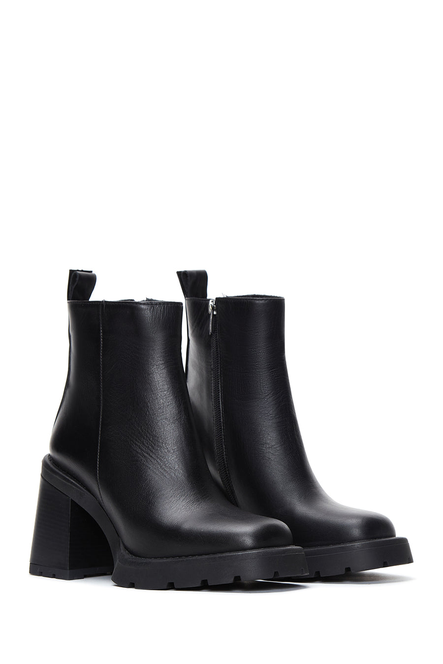 Women's Black Leather Heeled Zipper Boots
