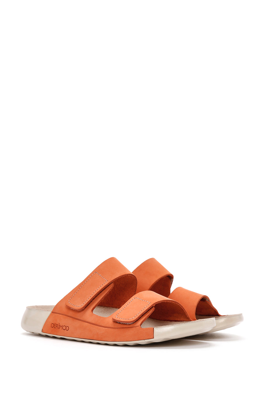 Women's Orange Double-Strap Nubuck Leather Comfort Slippers
