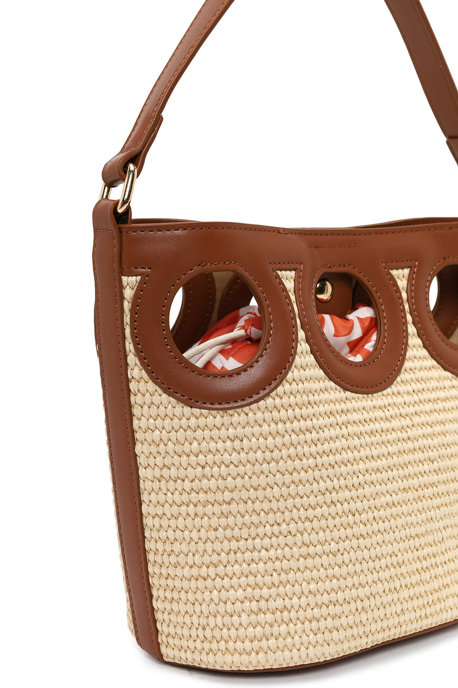 Woman Beige Long-Strap Wicker Shoulder Bag