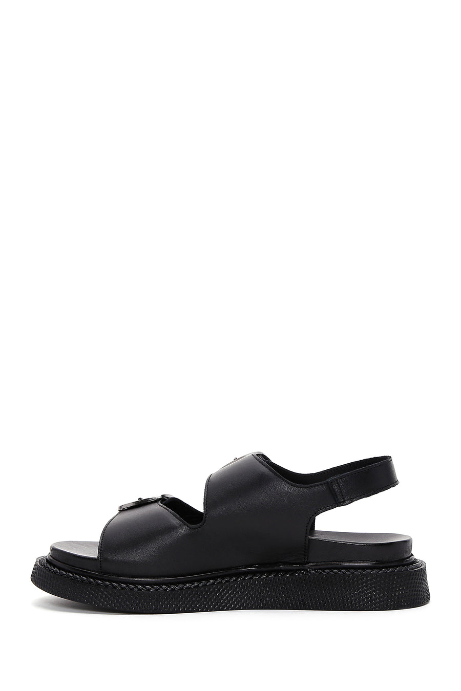Women's Black Leather Double Buckle Comfort Sandals