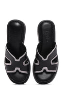 Women's Black Leather Wedge Heel Comfort Slippers | Derimod