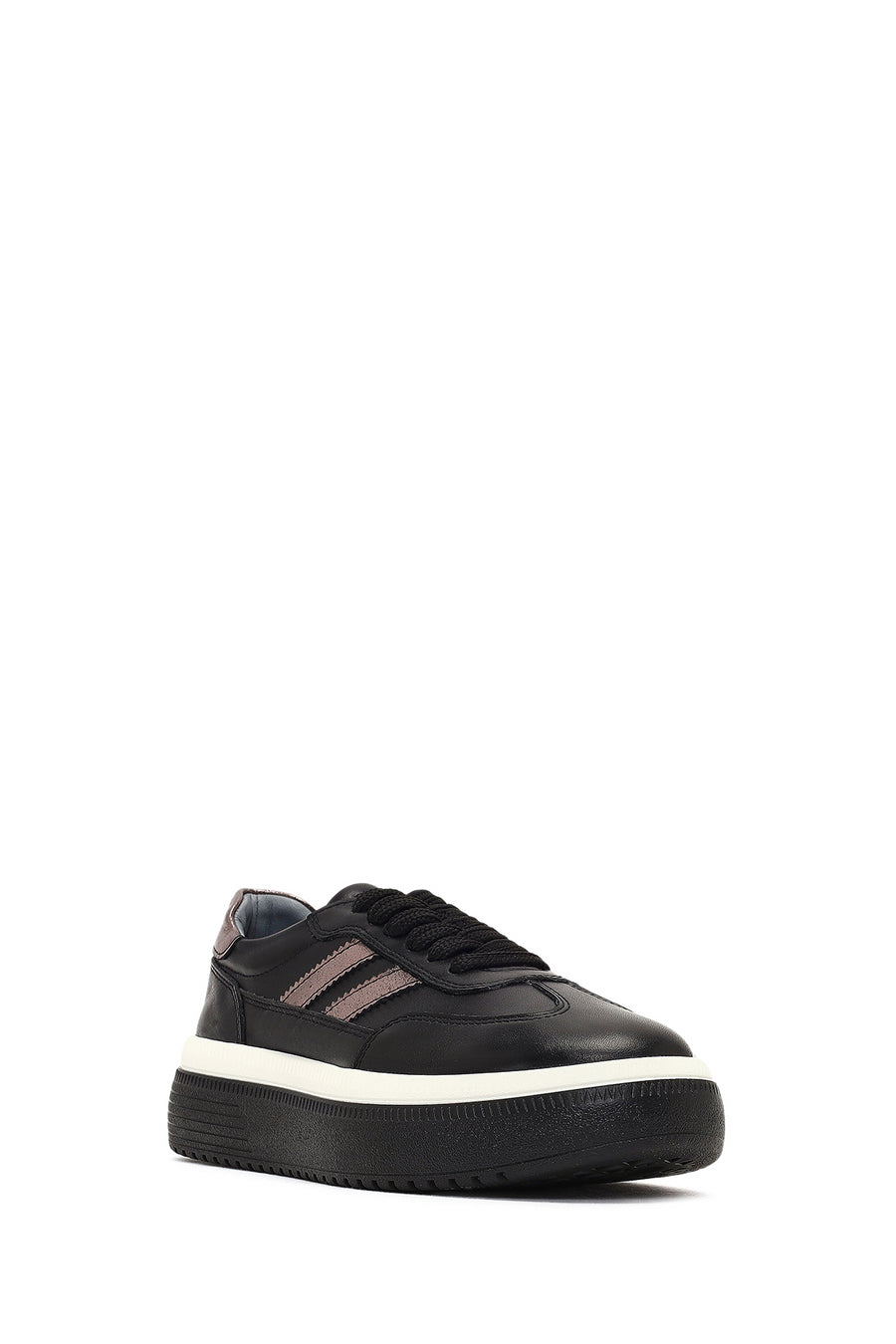 Women's Black Lace-Up Thick-Soled Leather Sneaker