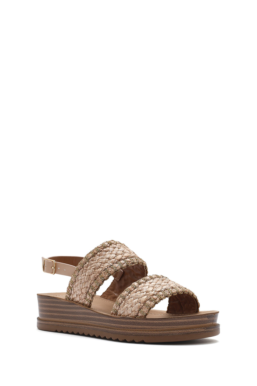Women's Beige Ankle Buckle Thick Soled Straw Sandals