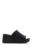 Women's Black Wedge Heeled Leather Slippers | Derimod